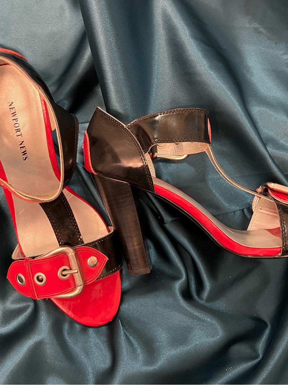 Newport News Black and Red Buckle Block Heel Sandals